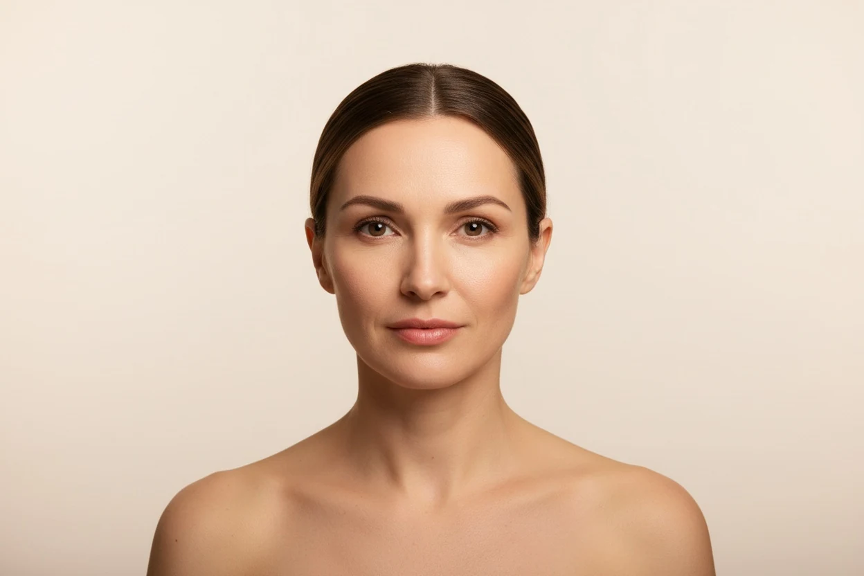A face photographed straight on under even light, the way the measurement tools expect